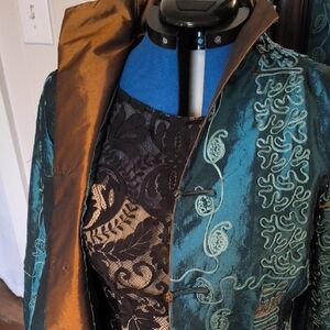 Embroidered Teal Satin Jacket with Contrast Lining